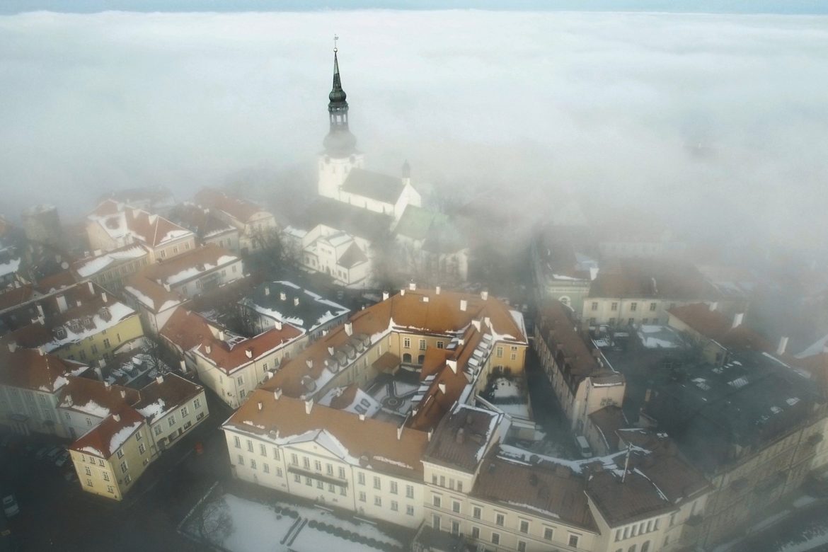 Aerial Shot of Old European Town in Winter